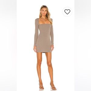 Camila Coelho Taupe Ribbed Long-Sleeve Mini Dress